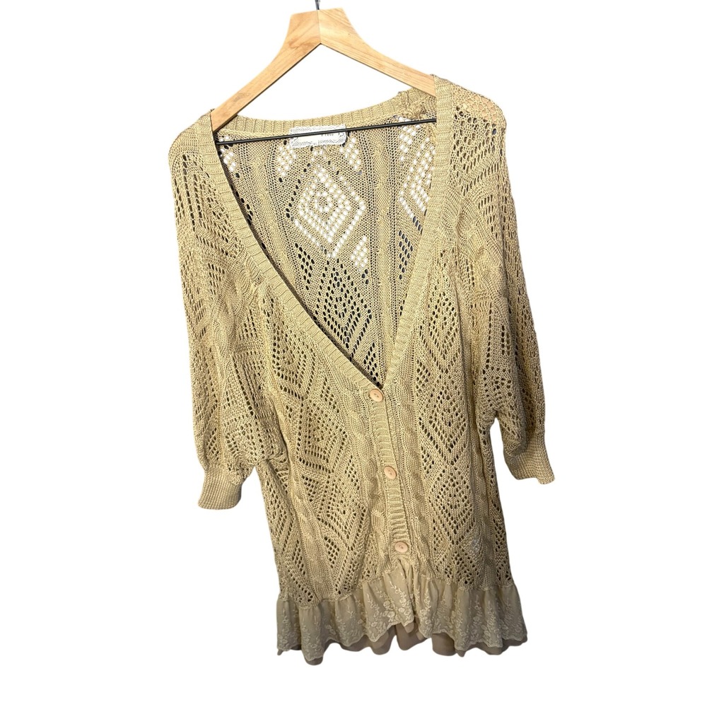 A'reve Tan Crochet Lace Trim Cardigan Sweater Bohemian Pointelle Knit Tan M/L